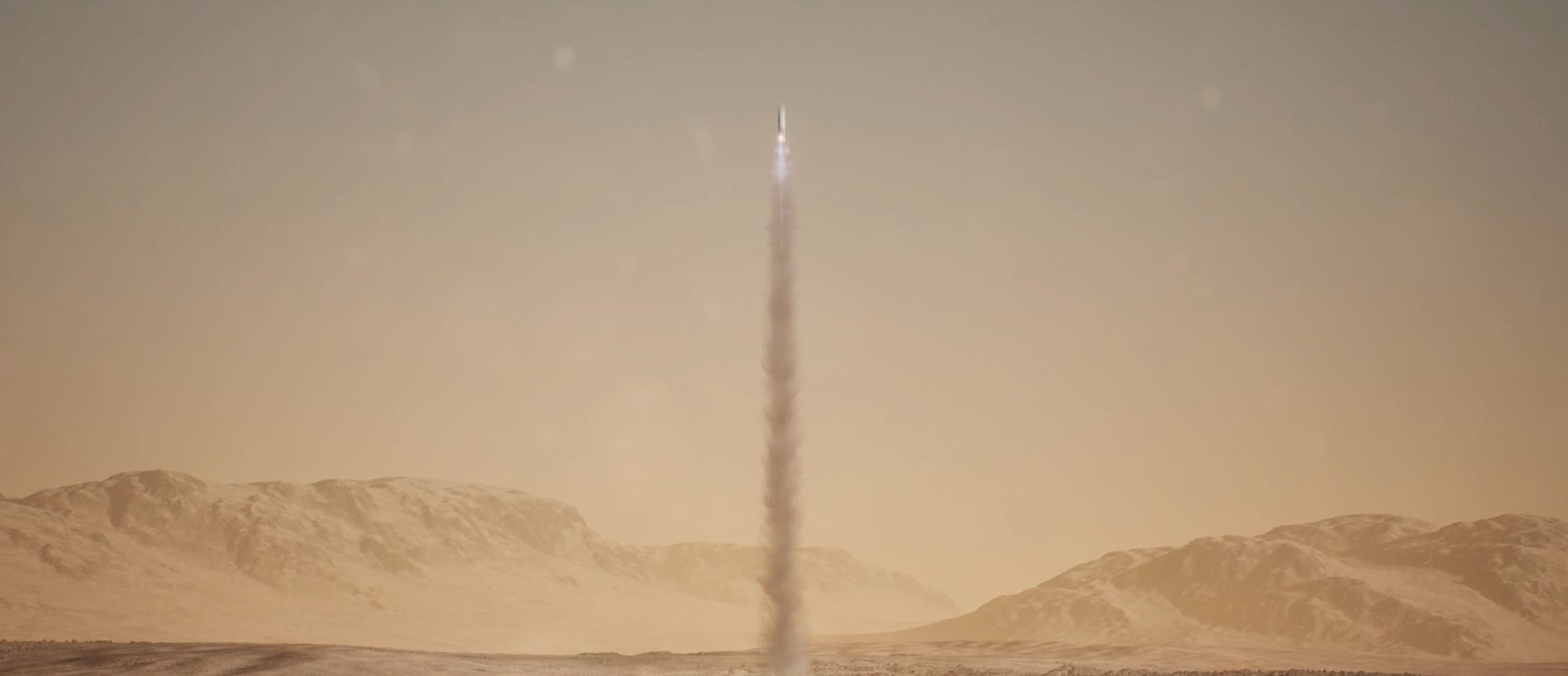 Artist interpretation of Lockheed Martin's Mars Sample Return MAV (Mars Ascent Vehicle) launching from the lander into the sky of the Red Planet.