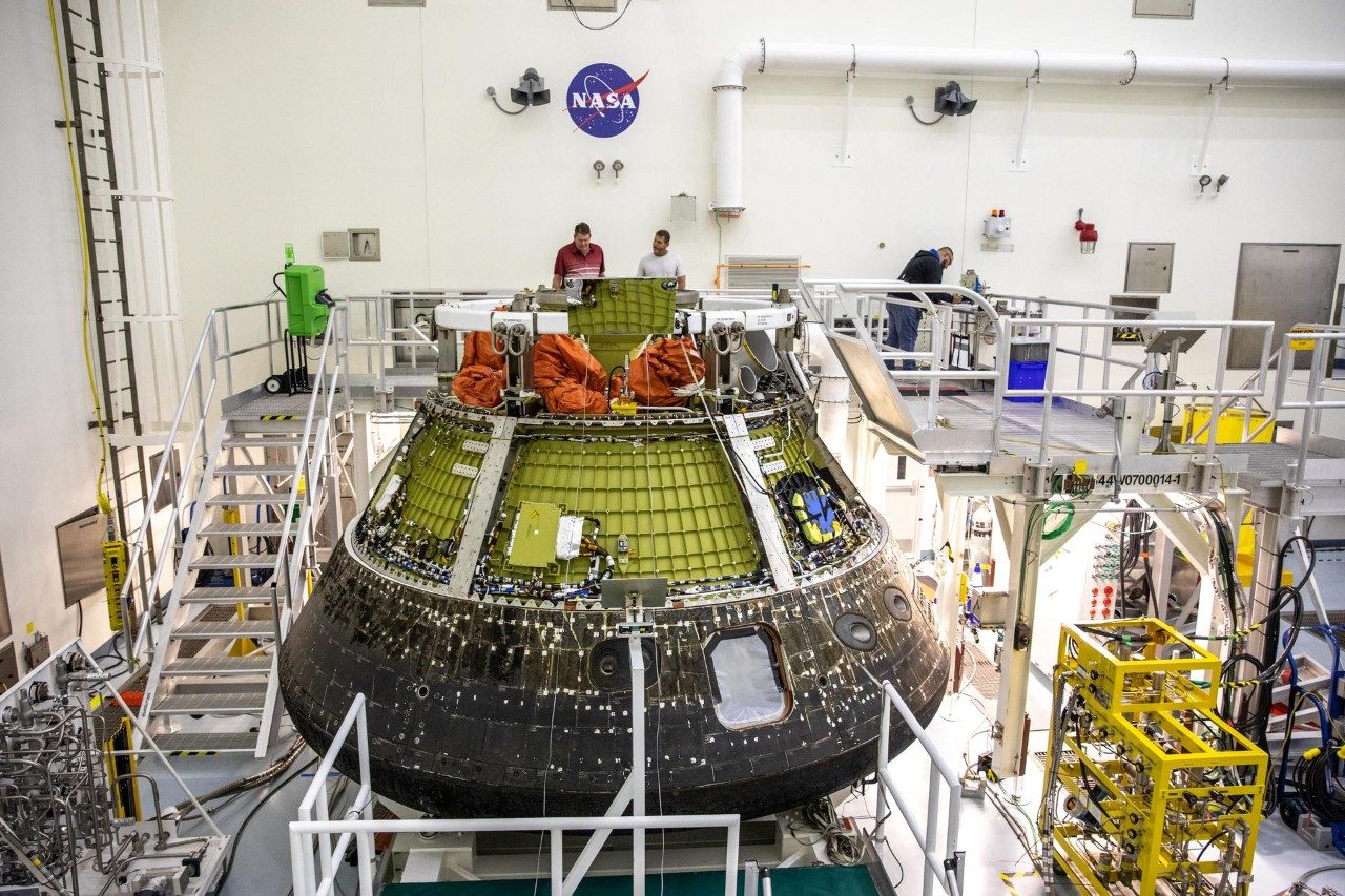 NASA's Orion spacecraft following the Artemis I mission being de-serviced.